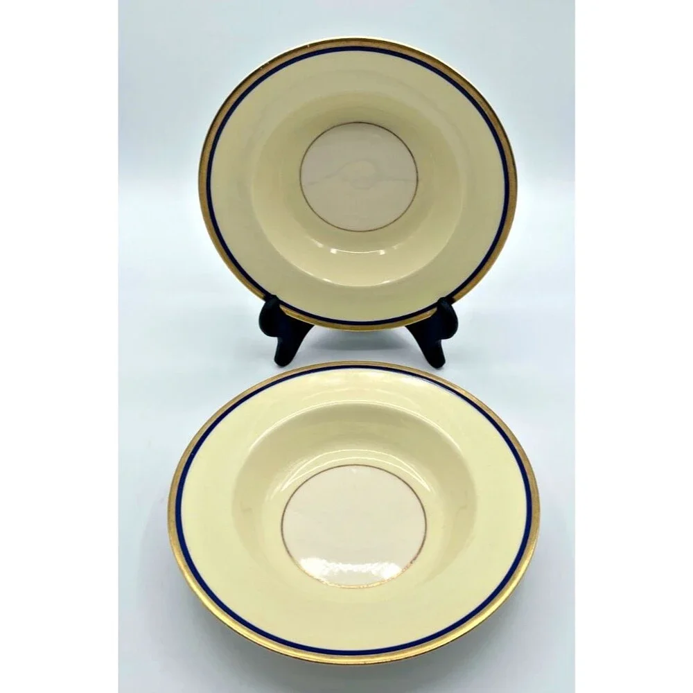 Myott Staffordshire England Cream Soup Bowls Set of 2 Cobalt Blue & Gold Rim